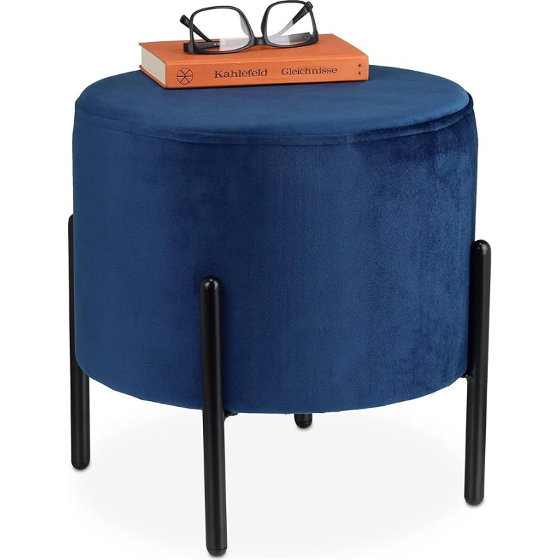Relaxdays Velvet Stool Round Padded Black Metal Legs H x D 38.5 x 40.5 cm Velvet Stool Blue