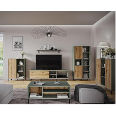 Living Room Complete Set Including Coffee Table in Grey/Green with Oak 6-Piece Chest of Drawers TV Lowboard Wall Shelf Sideboard