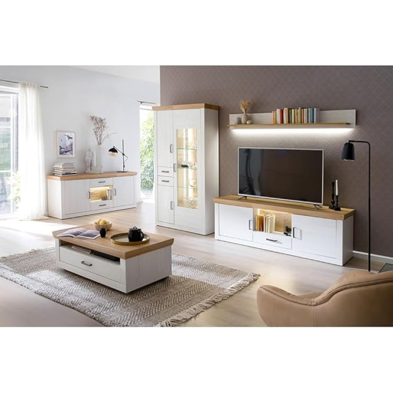 Lomadox Living Room Set with LED Lighting in Pine White with Oak Nb. Includes Rollable Coffee Table, Sideboard, Combination Display Cabinet, Wall Shelf and TV Element in Country House Style