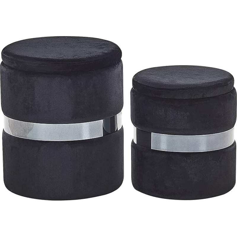 Beliani Doris Glamour Look Pouf with Storage Space Round Velvet Black Metal Set of 2