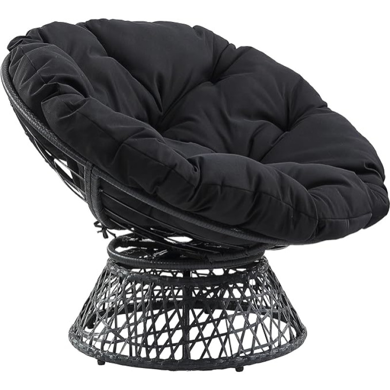 OSP Home Furnishings Papasan Wicker Chair with 360 Degree Swivel - Grey Frame with Black Cushion