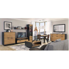 naka Lovio 24 Wall Unit Cabinet Wall Unit Living Room Furniture Black / Oak LED (Complete Set)