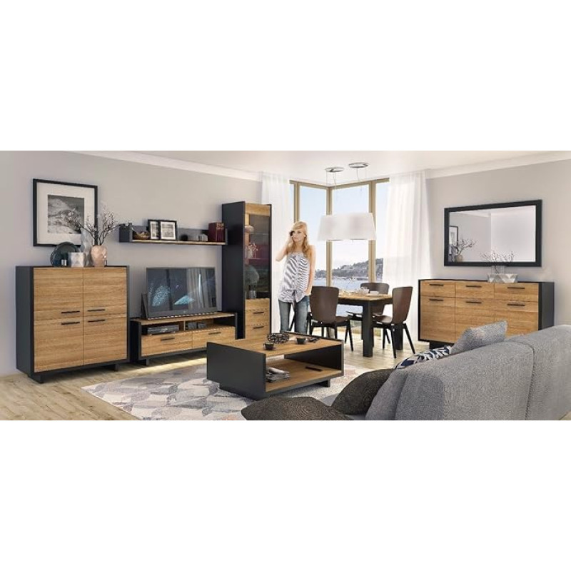 naka Lovio 24 Wall Unit Cabinet Wall Unit Living Room Furniture Black / Oak LED (Complete Set)
