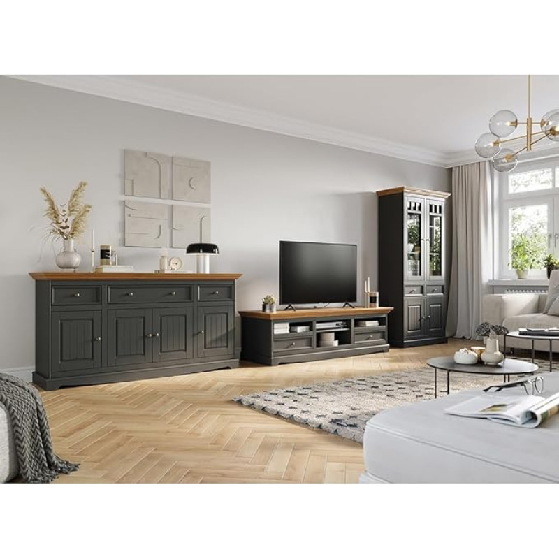 Lomadox Living Room Furniture Set, Solid Wood in Grey with Oak Look, 3-Piece Sideboard, TV Lowboard, Display Cabinet