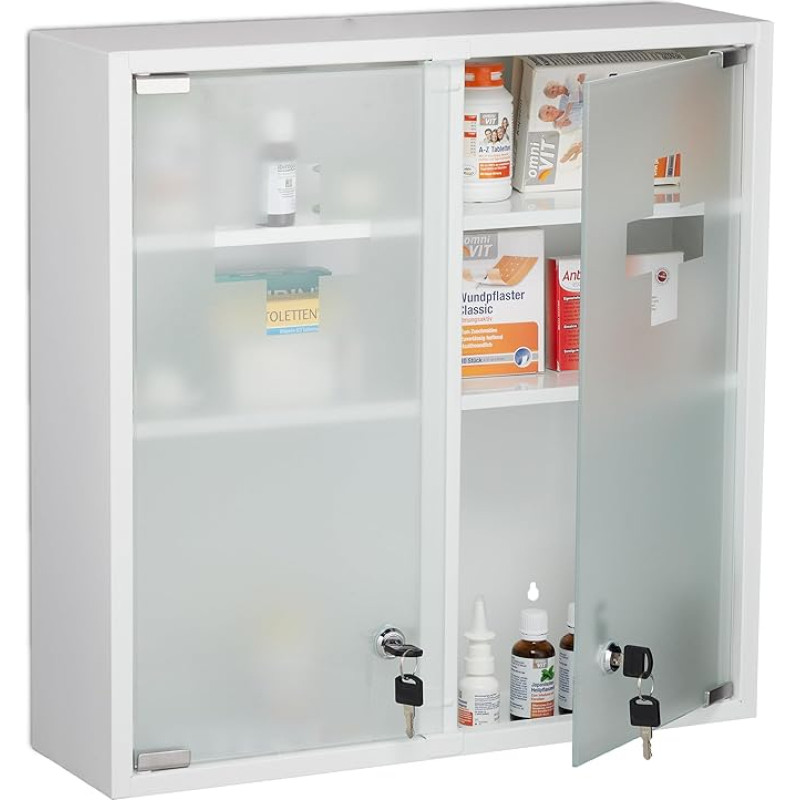 Relaxdays Medicine Cabinet, 2 Doors, Lockable, 3 Compartments, HBT 53 x 52.5 x 15.5 cm, Hanging Medicine Cabinet, White
