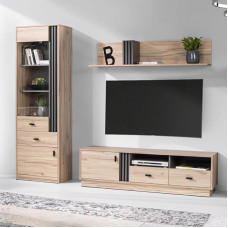 Modern Living Room Furniture Set with Display Cabinet, Lowboard & Wall Shelf in Oak Charcoal Accent