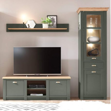 Lomadox Country House TV Media Wall Set with Lighting 240 x 207 x 45 cm Green with Wotan Oak Design