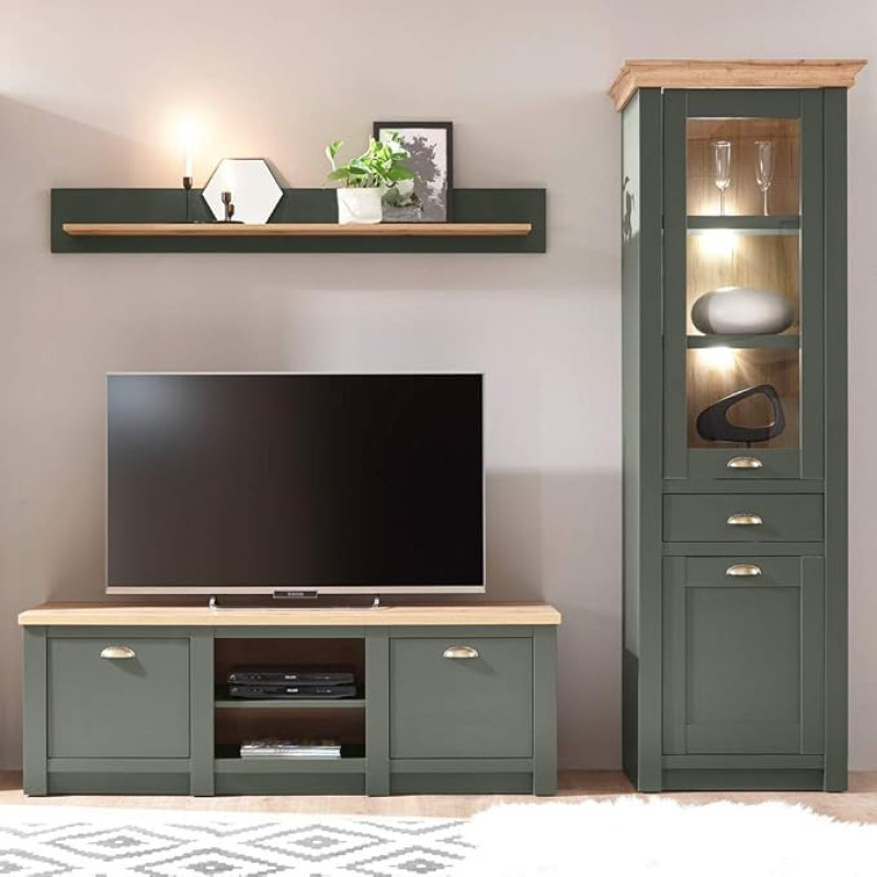 Lomadox Country House TV Media Wall Set with Lighting 240 x 207 x 45 cm Green with Wotan Oak Design