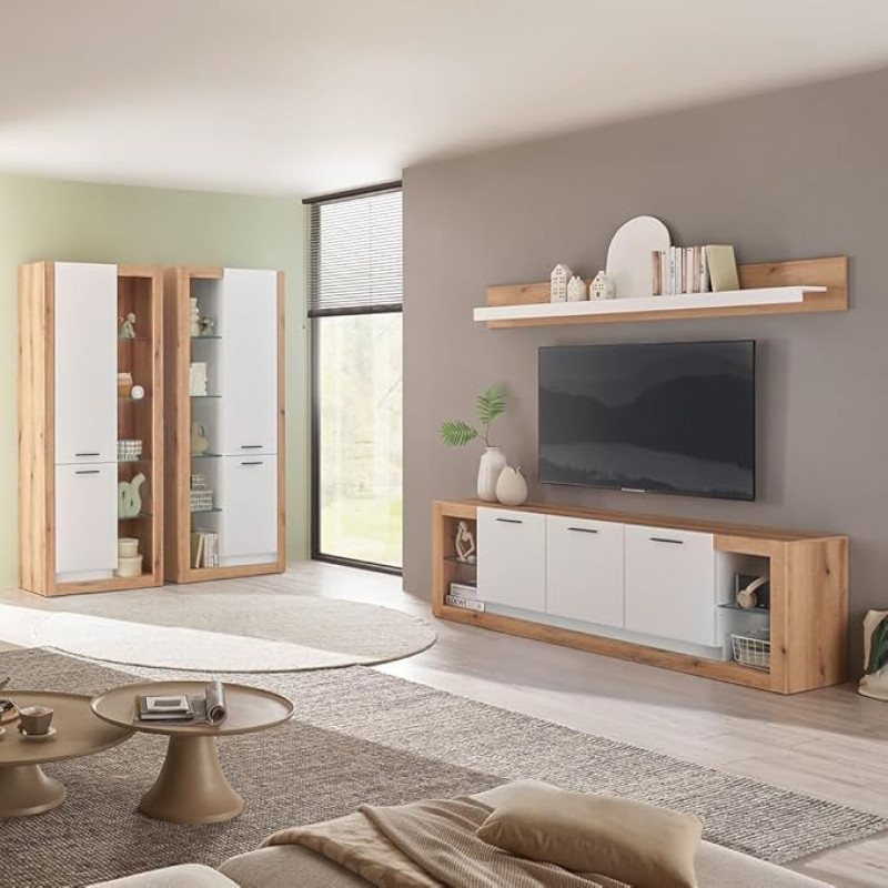 Modern Living Room Set with Lowboard, Wall Shelf & 2 Cabinets in Oak with White, 4 Pieces