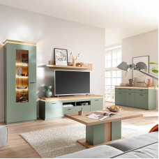 Lomadox 5 Piece Living Room Set with LED Accent & Interior Lighting & TV Cabinet Green with Oak Modern -