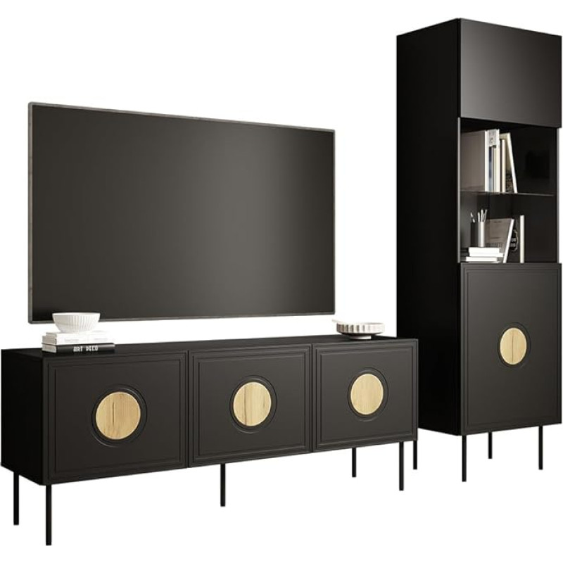 Mirjan24 Pyrunt I Living Room Set, Living Room Cabinet, Handle-Free Opening System, Metal Feet, in Set: TV Lowboard/TV Table, Display Case (Black Matt + Oak Craft)