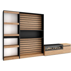 Skraut Home Living Room Wall Unit Living Room Furniture Set 320 x 186 x 35 cm Electric Fireplace Dimensions Modern Style Oak Black