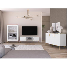 Home Furniture Set of 3 Display Cabinet Lowboard TV Cabinet Sideboard White with Gold-Coloured Handles