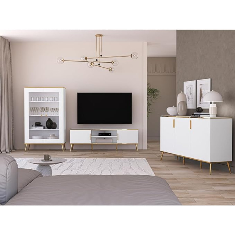 Home Furniture Set of 3 Display Cabinet Lowboard TV Cabinet Sideboard White with Gold-Coloured Handles