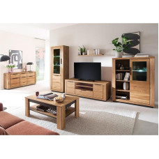 Living Room Furniture Set Partially Solid Oak 6 Pieces 1 Display Cabinet 1 Wall Shelf 1 Lowboard 1 Highboard 1 Coffee Table 1 Sideboard with Lighting