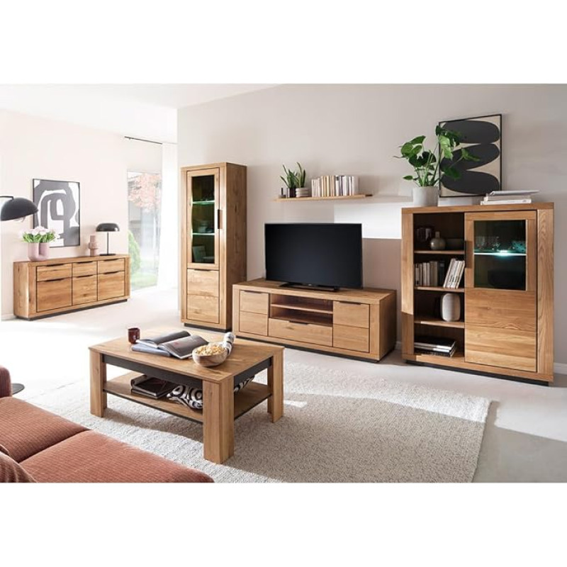 Living Room Furniture Set Partially Solid Oak 6 Pieces 1 Display Cabinet 1 Wall Shelf 1 Lowboard 1 Highboard 1 Coffee Table 1 Sideboard with Lighting