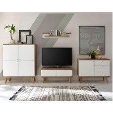 Lomadox Wall Unit Matt White with Oak Riviera Nb. 4-Piece Retro Design