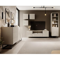 Cashmere Living Room Furniture Set with Grooved Front, 6 Pieces, Sideboard, Shelf Cabinet, Lowboard, 3 Handle-Free Wall Cabinets, Push-to-Open, Metal Frame, Black