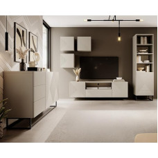 Cashmere Living Room Furniture Set with Grooved Front, 6 Pieces, Sideboard, Shelf Cabinet, Lowboard, 3 Handle-Free Wall Cabinets, Push-to-Open, Metal Frame, Black