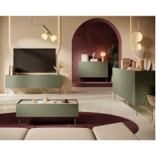 Wohnmöbel Set Wohnwand in olivgrün mit Eiche, 4-teilig mit Couchtisch, Lowboard, 2 Sideboards, modern, grifflos