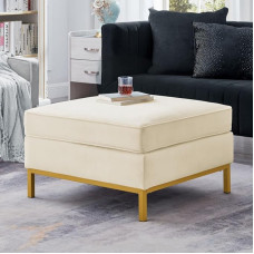 24KF Large Velvet Ottoman - Padded Cushion Footrest for Living Room - Cream