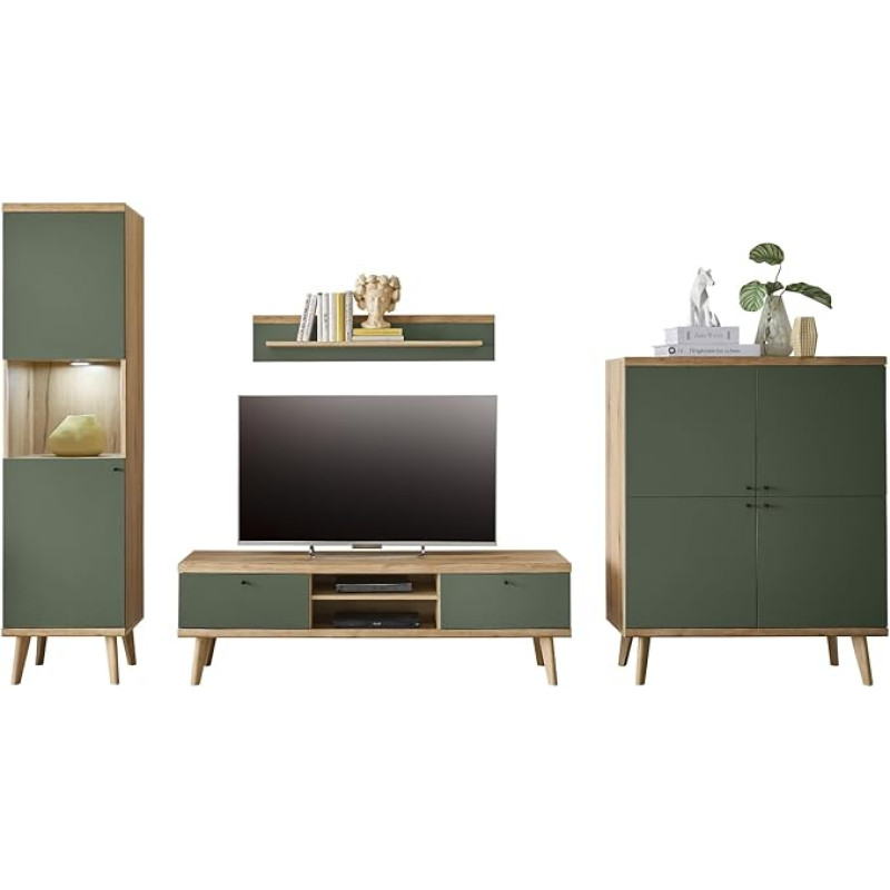 Furn.Design Juna Wall Unit in Sage and Evoke Oak Scandinavian 4-Piece 337 cm