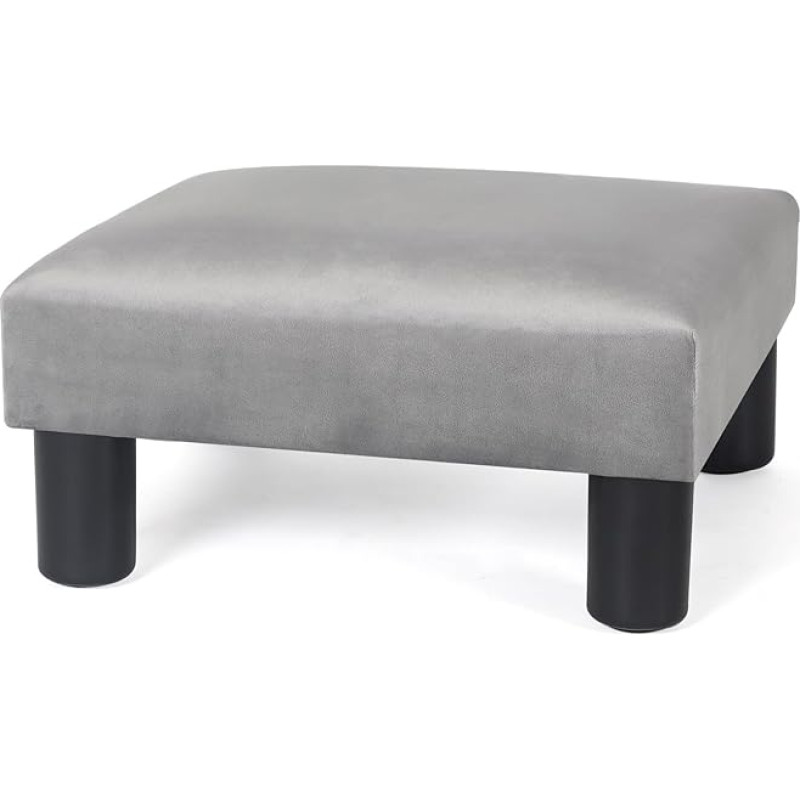 Adeco Small Ottoman Square Velvet Footstool with Plastic Legs, Footrest with Non-Slip Pads for Living Room, Entryway, Office, Couch, Light Grey