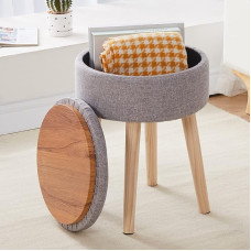 Mxfurhawa Aufbewahrungs-Ottomane, Leinen, rund, Schminkhocker, Tablett, Oberseite, moderner Fußhocker mit Holzbeinen, multifunktional, gepolstert, Fußhocker für Wohnzimmer, Badezimmer, Make-up (grau)