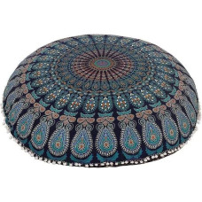 ShakDeco Large Mandala Floor Cushion Cover Cotton 32 Inch Meditation Cushion Seat Cover Hippie Decoration Bohemian Pouf Bohemian Indian Pouf Cover (Blue)