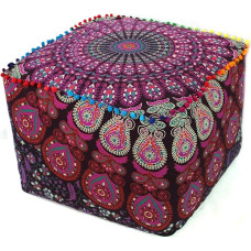 CRAFT KALA Square Mandala Boho Ottoman Cushion, Meditation, India, Stool for Living Room, Home Decoration, Bedroom, Balcony, Floor Cushion Cover (45.7 x 45.7 x 35.6 cm, Pink Mirchi)