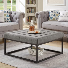 24KF Middle Century Upholstered Tufted Coffee Table with Linen Upholstered Seat, Large Square Ottoman with Black Metal Frame, Granite
