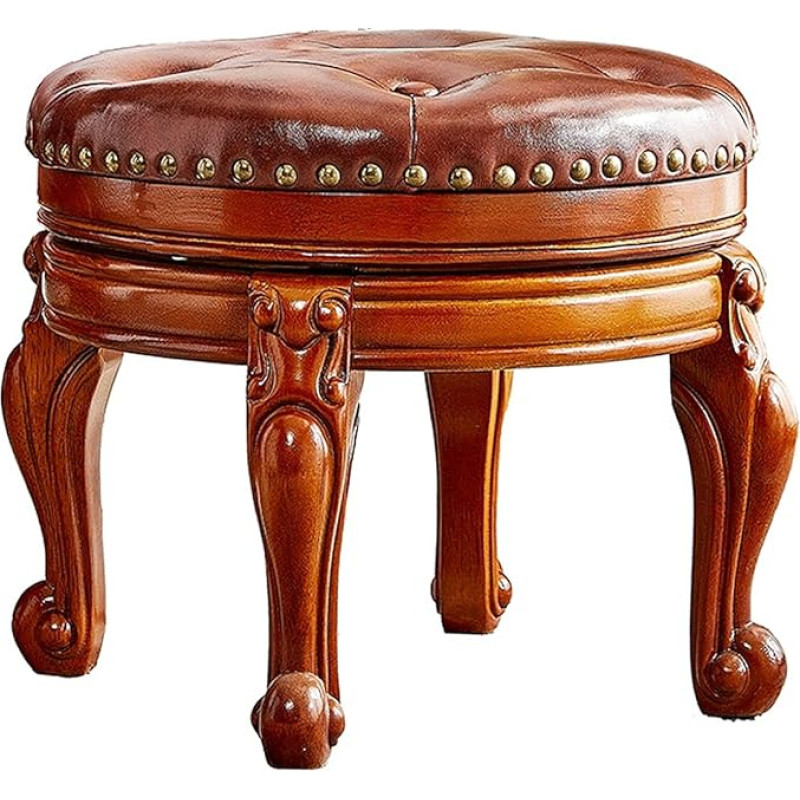 ZIRKOOON Footstool Small Round Leather Ottoman Mid Century Footrest Cushion for Living Room Sturdy Wooden Legs Genuine Leather Studded Design (Brown, 36cm)