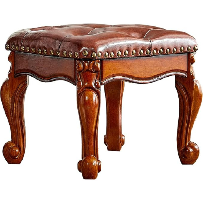 ZIRKOOON Footstool Square Leather Ottoman Mid Century Small Footrest Cushion for Living Room Sturdy Wooden Legs Real Natural Leather Rivets Design Brown