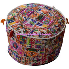 Indian Embroidered Patchwork Cover Indian Decorative Stool Indian Comfortable Floor Cotton Cushion Ottoman Stools Indian Designs Ethnic Patchwork Stool (White Rajkoti, 18 x 13 Inches)