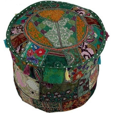 Sophia-Art Indian Embroidered Patchwork Cover Indian Decorative Pouf Indian Comfortable Floor Cotton Cushion Ottoman Pouf, Indian Designs Ethnic Patchwork Pouf (Green, 18 x 13 Inches)
