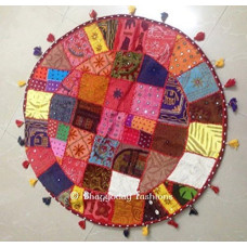 Indian Ethnic Classical Patch Work Pouf Pouffe Ottoman, Bohemian Stool Chair Pouffe, Patch Work Embroidered Pouf Cover, Cotton Handmade Printed Ottoman Pouf, Living Room Pouf, 32 Inch. By Bhagyoday