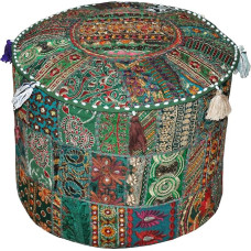 Rajasthali Indian Vintage Ottoman Embellished with Embroidery & Patchwork Stool Floor Cushion 46x33cm
