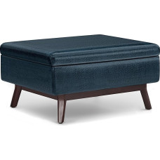 SIMPLIHOME Owen Mid Century Modern Rectangular Coffee Table with Storage Space, 34 Inch Wide, Dark Blue Faux Leather, for Living Room, Family Room and Entryway