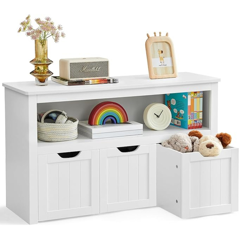 VASAGLE laste riiul, mänguasjade hoidmine lastele, hoiukapp, mänguasjade kapp, ratastega hoiukapp, mänguasjade riiul lastetoas, 30 x 102 x 60 cm, valge LHS380W01