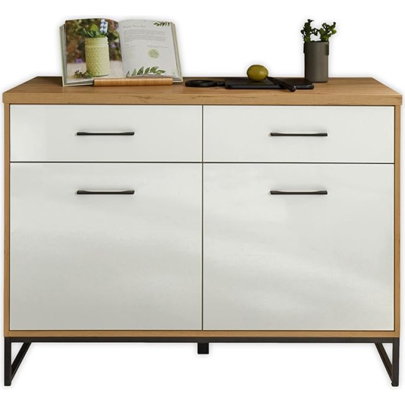 Seattle kaasaegne köögi aluskapp Artisan Oak Look, valge kõrgläikega, ruumikas aluskapp, kus on palju hoiuruumi, 123,5 x 150 x 58 cm (B x K x S)