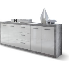 Kivist sahtlitega kapp betooni välimusega, valge kõrgläikega - kaasaegne kapp, kus on palju hoiuruumi teie eluruumi jaoks