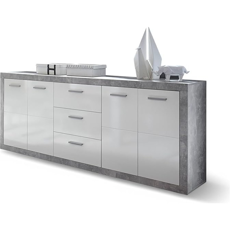 Kivist sahtlitega kapp betooni välimusega, valge kõrgläikega - kaasaegne kapp, kus on palju hoiuruumi teie eluruumi jaoks