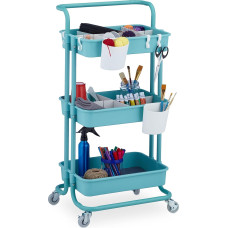 Relaxdays 10042509 3-tasandiline mitmeotstarbeline käru, hobi-, kontori-, vannitoa-, köögikäru HBT 86 x 43 x 42 cm, metall ja plast, türkiissinine värvus