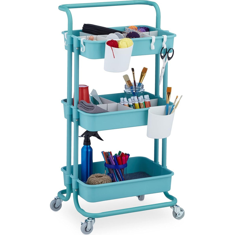 Relaxdays 10042509 3-tasandiline mitmeotstarbeline käru, hobi-, kontori-, vannitoa-, köögikäru HBT 86 x 43 x 42 cm, metall ja plast, türkiissinine värvus
