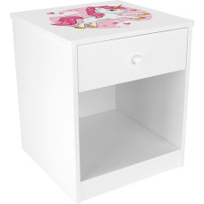 Leomark White Kids Bedside Table with Drawer and UV Print - Pink Unicorn Compact Bedside Table for Nursery/Girls Room 33.5 x 40 x 34 cm - Ideal for Storing Essentials