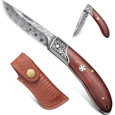 Freelander Pocket Knife, Folding Knife, Small, Outdoor Folding Knife, Two-Handed Knife Made of 5CR15 Steel, Damask Pocket Knife with Wooden Handle, EDC Knife with Holster for Camping & Survival &