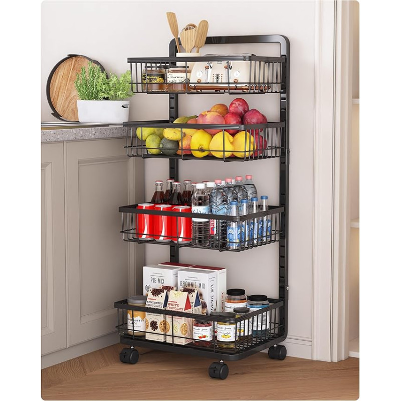 UMDONX Trolley Serving Trolley with Wheels, Premium Metal Kitchen Trolley, 4 Levels, Vegetable Rack for Kitchen, Black, 42 x 32 x 87 cm