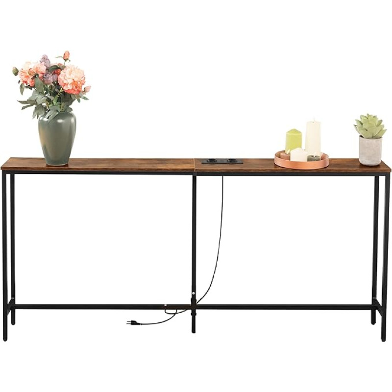 FurnitureR Console Table with 2 Charging Stations, Industrial Entrance Table with 2 USB Ports, 180 cm Narrow Sofa Table, Sofa Side Table for Entrance, Hallway, Foyer, Living Room, Vintage Brown