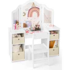 COSTWAY 2-in-1 Children's Dressing Table with Removable Mirror, Princess Dressing Table with Chair, Cosmetic Table with Storage Boxes & Open Compartments, Wooden Makeup Table for Girls (White)