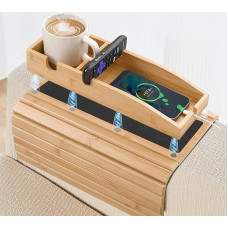 Sofa Arm Tray Table MARUKO Sofatablett Armlehne, 3-in-1 Magnetische Abnehmbare Bambus Couch Tassenhalter, Sofalehne Ablage mit Anti-Rutsch-Pad, Sofa Armlehne Tablett Tisch (Farbe Natur)